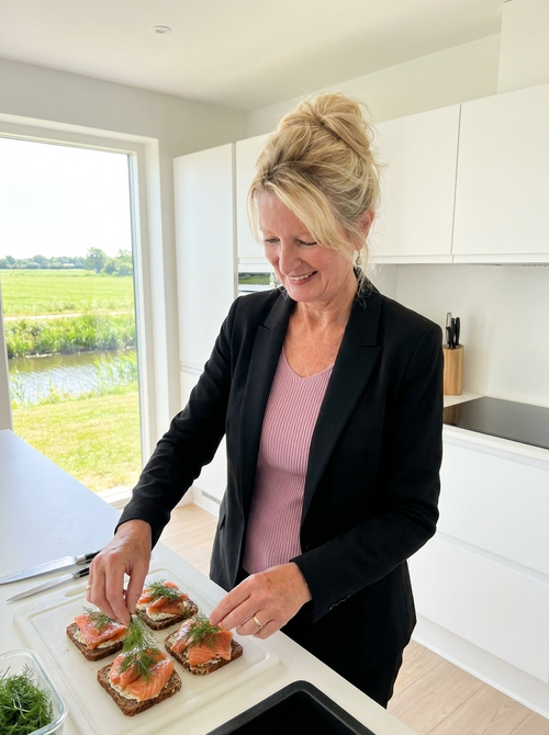 Suzanne Looman bereidt smørrebrød met zalm en dille in haar keuken