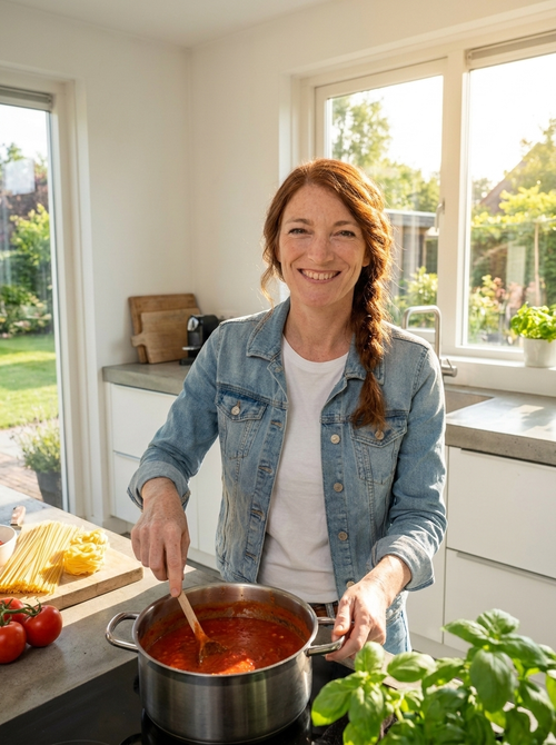 Mariëlle van Dijck roert in een pan tomatensaus, basilicum op de voorgrond